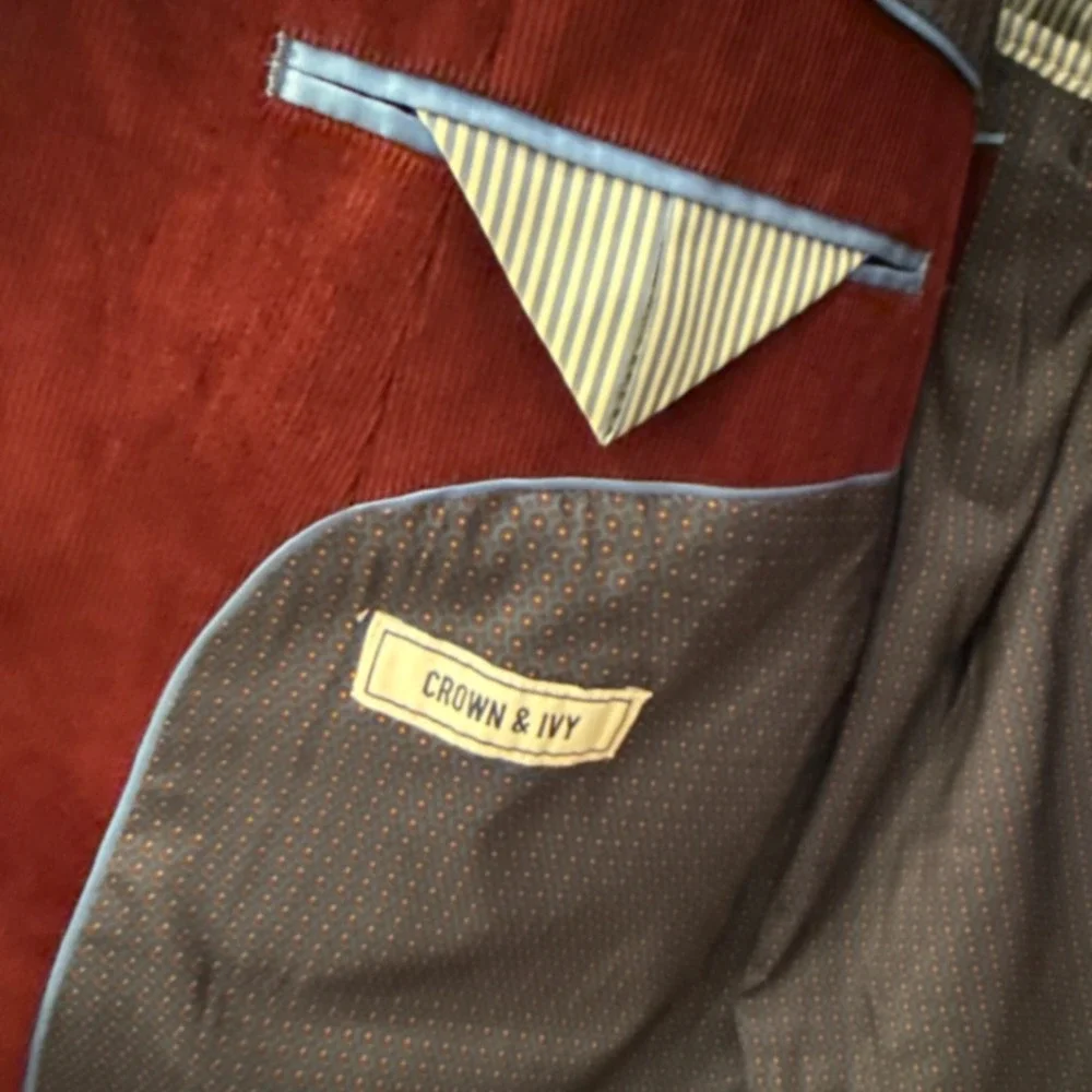 Crown & Ivy Mens Burgundy Corduroy Blazer Sport Coat 46R Red Cotton‎ Stretch